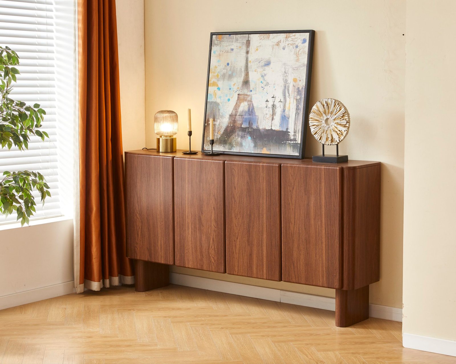 Buffet Ambre Effet Noyer 180 cm – 4 Portes avec Amortisseurs