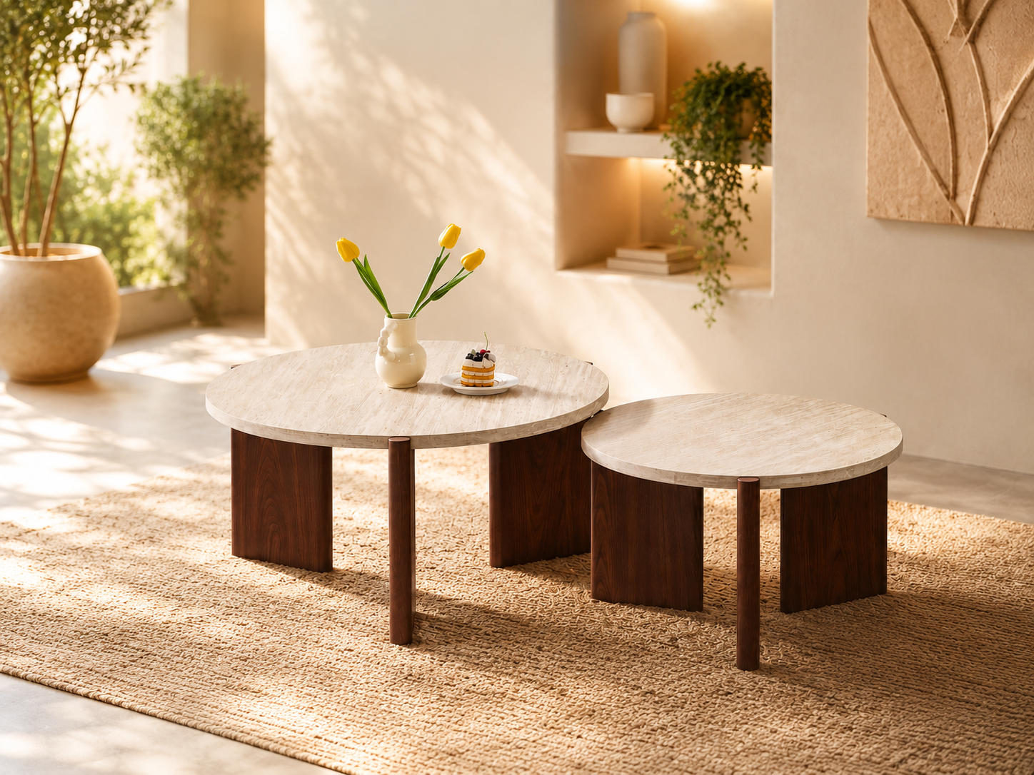 Ensemble de Tables Basses Gigognes Duo Zya – Effet Travertin et Piétement Noyer